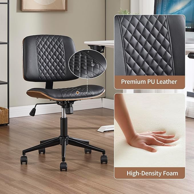 Small Home Office Chair - Armless Mid Back Desk Chair with 360° Swivel and Wheels, PU Upholstered Height Adjustable Modern Walnut Computer Chair for Home, Office Meeting Room - Black-DeskLoop Office