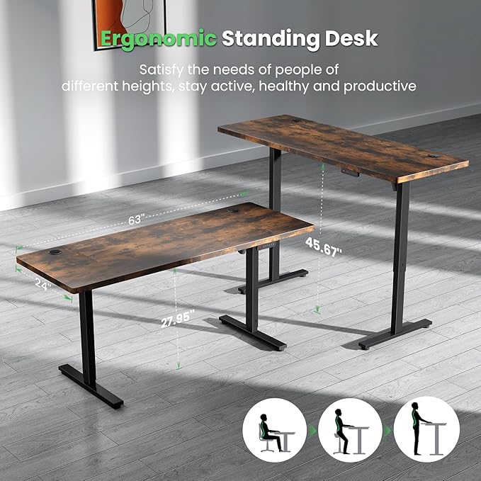 SIAGO Electric Standing Desk Adjustable - 63 x 24 Inch Sit Stand up Desk with Cable Management - 3 Memory Preset Adjustable Height Table-DeskLoop Office