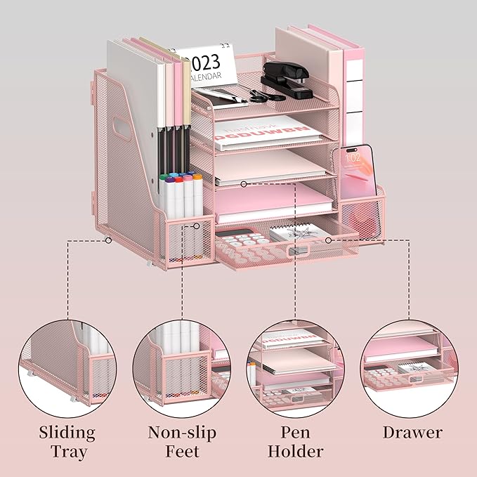 SUPEASY Mesh Desk Organizer with File Holder, 5-Tier Paper Letter Tray Organizer with Magazine Holder, Desktop Organizer and Storage with Drawer for Office Supplies Home or School, Pink-DeskLoop Office