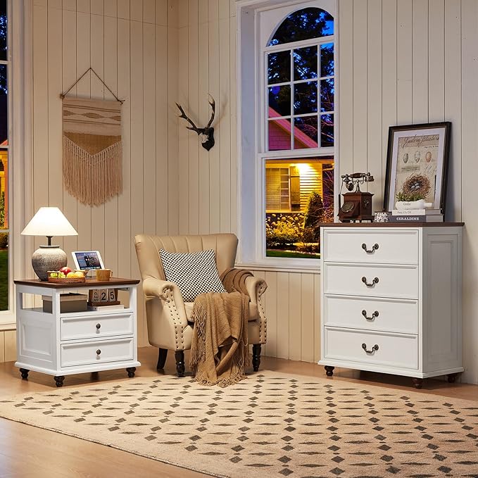 Farmhouse 4 Drawer Dresser for Bedroom, 37" Tall Rustic Chests of Drawers w/ 4 Solid Wood Feet, Mid Century Modern Wooden Closet Storage Dressers Organizer for Living Room, Hallway, White-DeskLoop Office