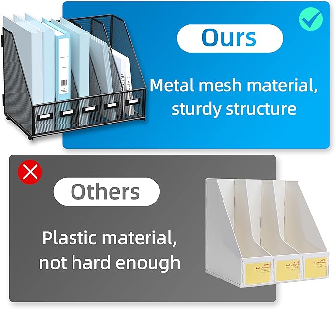 SUPEASY Desk Organizers Metal Desk Magazine File Holder with 5 Vertical Compartments Rack File Organizer for Office Desktop, Home Workspace, Black-DeskLoop Office