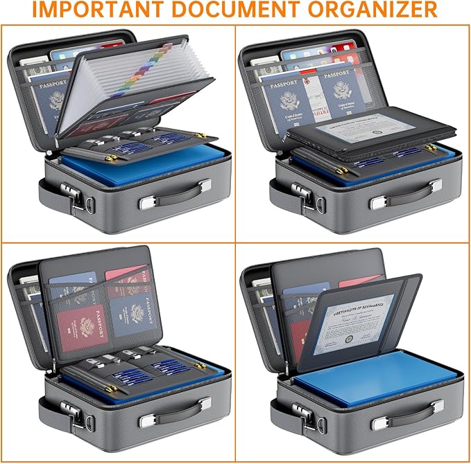 DocSafe Fireproof Document Box with Lock&Shoulder Strap,Hard Case File Organizer with Accordion File Folder,Multi-Layer Portable Home Office Travel Safe Storage for Important Documents Laptop Gray-DeskLoop Office