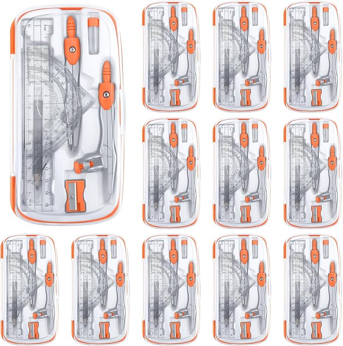 Teling 12 Sets Math Geometry Kit for Students 10 Pcs Compass Geometry Tools Set Includes Rulers Protractor Compass Eraser Pencil Sharpener Lead Refills Pencil (Orange)-DeskLoop Office