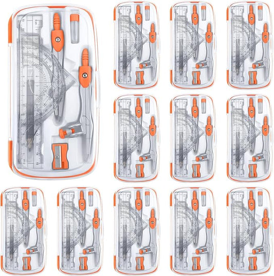 Teling 12 Sets Math Geometry Kit for Students 10 Pcs Compass Geometry Tools Set Includes Rulers Protractor Compass Eraser Pencil Sharpener Lead Refills Pencil (Orange)-DeskLoop Office