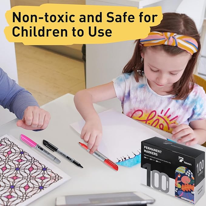 100 Permanent Markers Bulk - 50 Assorted Colors + 50 Black Drawing Marker Pens Set, Waterproof Quick Drying Colored Art Markers for Classroom Office School Store Supplies-DeskLoop Office