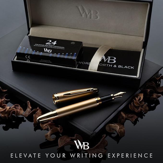 Wordsworth & Black Majesti Fountain Pen-(Gold), Luxury Case, 24K Gold Finish; 18K Gilded Medium Nib- Ink Cartridges, Refillable Ink Converter-Calligraphy Pen-Best Business Gift Set for Men & Women-DeskLoop Office
