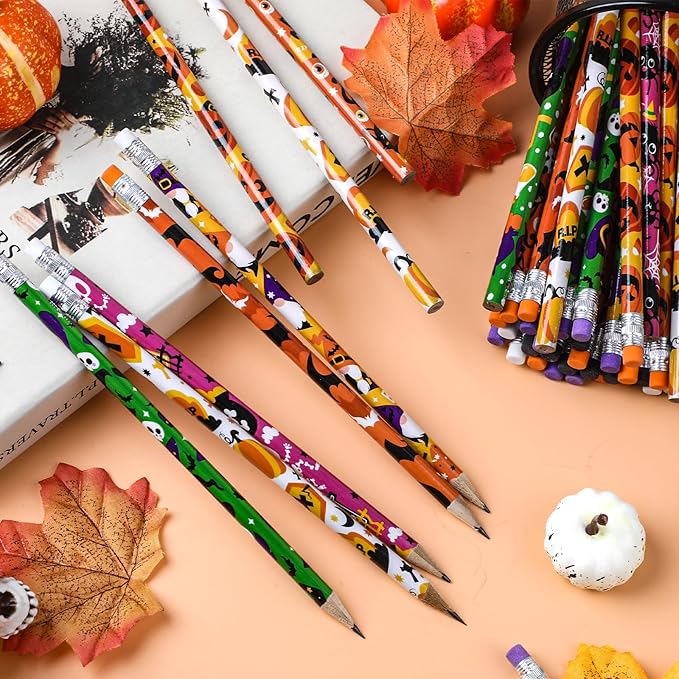 LOMIMOS 120pcs Halloween Pencil Bulk,Colorful Wooden with Eraser 12 Patterns Stationery for Kid Trick or Treat Gift Prize Party Favor School Office Supply Goody Bag Classroom Reward-DeskLoop Office