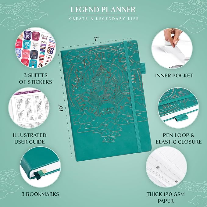 Legend Planner PRO – Deluxe Weekly & Monthly Life Planner to Increase Productivity and Hit Your Goals. Time Management Organizer Notebook – Undated – 7 x 10" Hardcover + Stickers – Viridian Green-DeskLoop Office
