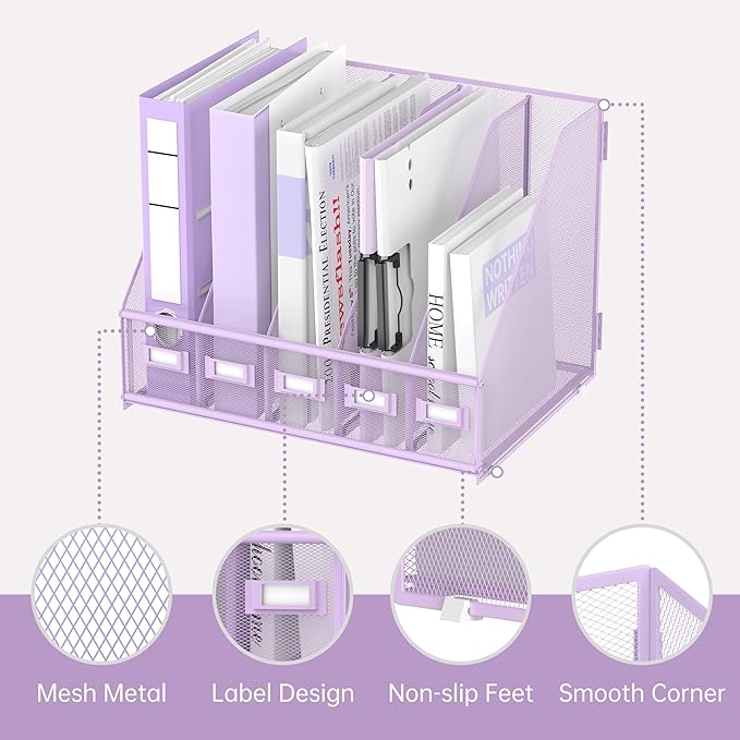 SUPEASY Desk Organizers Metal Desk Magazine File Holder with 5 Vertical Compartments Rack File Organizer for Office Desktop, Home Workspace, Purple Plus-DeskLoop Office