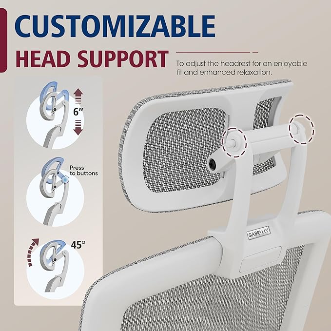 GABRYLLY Ergonomic Office Chair, High Back Home Desk Chair with Headrest, Flip-Up Arms, 90-120° Tilt Lock and Wide Cushion, Big and Tall Mesh Chairs for Man Woman, White Task Chair-DeskLoop Office
