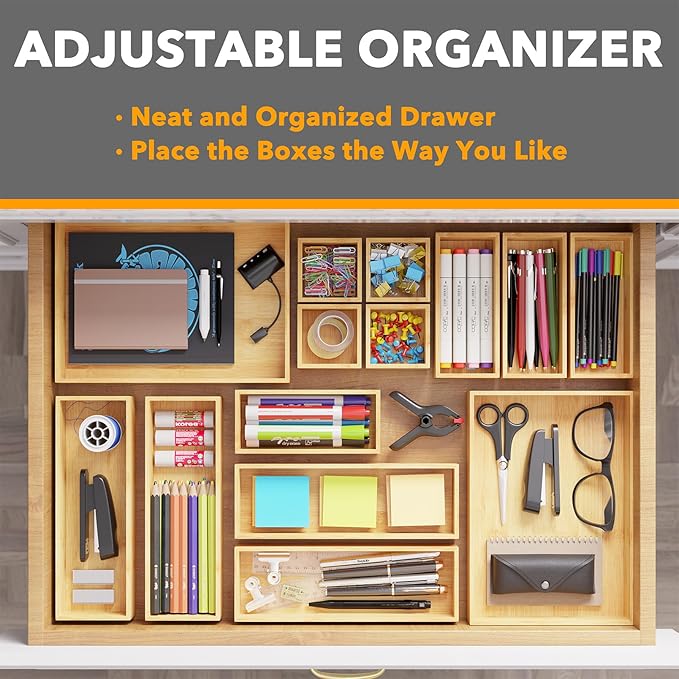 SpaceAid 14-Piece Bamboo Drawer Organizer Storage Boxes Set, Wood Tray Junk Drawer Organizers Multi-Use Divider Bins for Kitchen, Bathroom, Office Desk and Makeup Organization (14 Pack, Natural)-DeskLoop Office