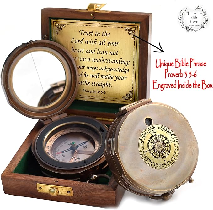 Trust in The Lord With All Your Heart - Proverbs 3:5-6 Quote Engraved Compass With Wooden Box, Greeting Card, Gift Compass, Graduation Day Gifts 2024 for Women Men Boys Girls-DeskLoop Office