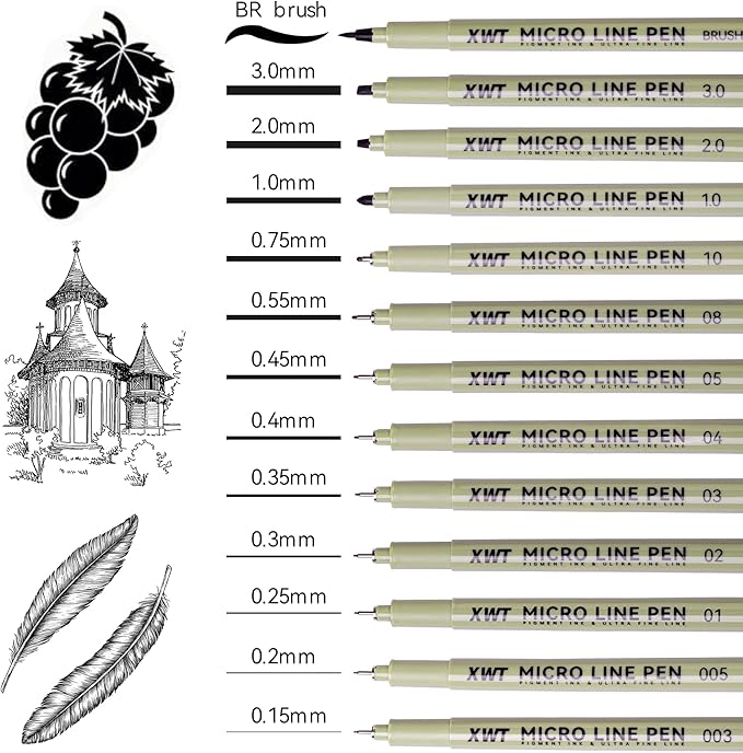 12+1 Fineliner Drawing Art Pens, Black Waterproof Pigment Ink Set for Artists, Sketching, Manga, Watercolor, Calligraphy, and Detail Outlining Archival Quality Inking Markers-DeskLoop Office