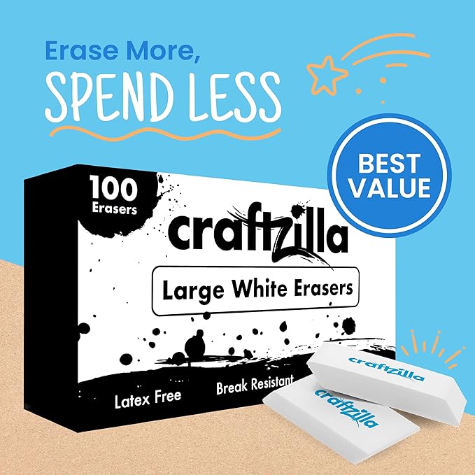 White Erasers Bulk 100 Pack - Large Latex- Free Bulk Erasers for Kids, Classroom, and School Supplies - Ideal for Pencils and Drawing - Borradores Escolares-DeskLoop Office