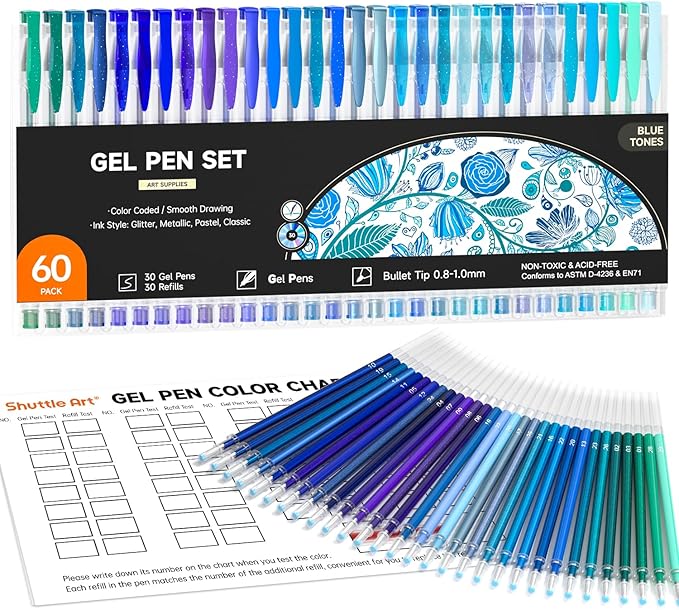 Shuttle Art 60 Pack Blue Tone Gel Pens, 30 Blue Tone Gel Pens with 30 Refills for Adults Coloring Books Journaling Drawing Nature, Landscapes, Animals Scenes-DeskLoop Office