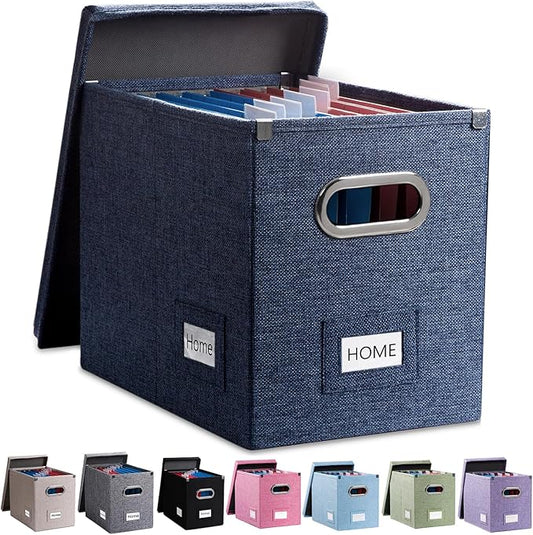 PRANDOM File Organizer Box - Set of 1 Collapsible Decorative Linen Filing Storage Hanging File Folders with Lids Office Cabinet Letter Size Navy Blue (14x9.3x10.8 inch)-DeskLoop Office