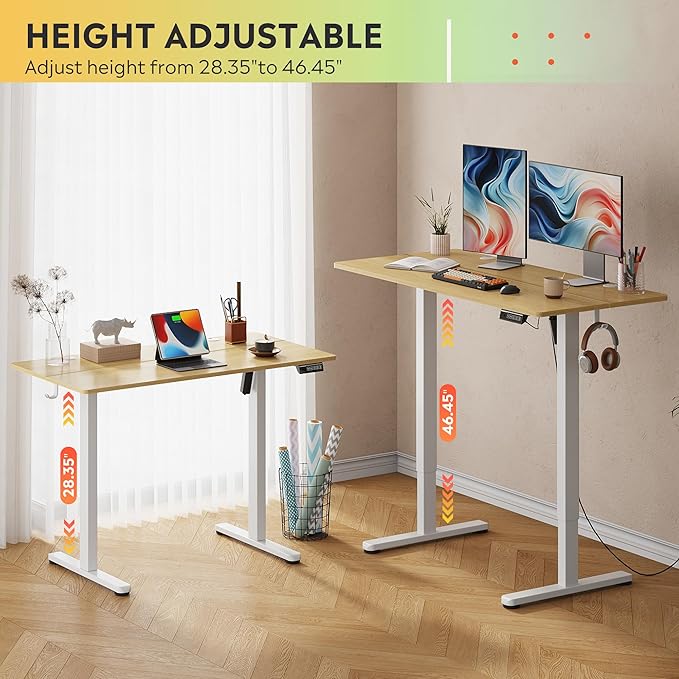 DEVAISE 48 Inch Electric Standing Desk, 3 Adjustable Height Stand up Desk for Home Office, Ergonomic Sit to Stand Desk with LED Touchscreen, Headphone Hook, 3 Memory Preset Computer Desk (Maple)-DeskLoop Office