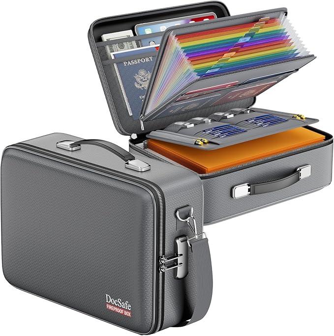 DocSafe Fireproof Document Box with Lock, Hard Case File Organizer with Accordion File Folder, Fireproof Water Resistant Safe Box Home Office Travel Storage for Important Documents Laptop Gray-DeskLoop Office