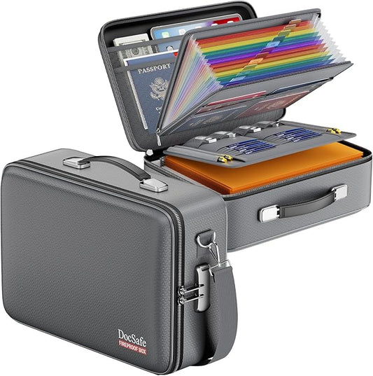 DocSafe Fireproof Document Box with Lock, Hard Case File Organizer with Accordion File Folder, Fireproof Water Resistant Safe Box Home Office Travel Storage for Important Documents Laptop Gray-DeskLoop Office