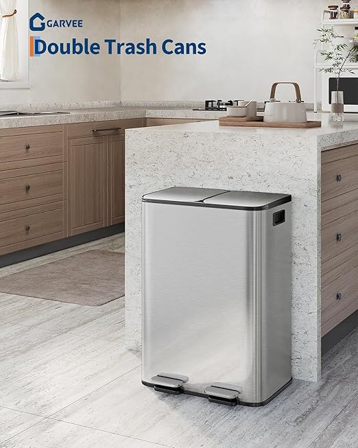 GarveeHome 2 x 8 Gallon Stainless Steel Double Trash Can with Lid for Kitchen, Large Dual Trash and Recycle Bin Combo, Step-on Kitchen Metal Garbage Cans, PP Inner Buckets, Liner Rim, Silver-DeskLoop Office