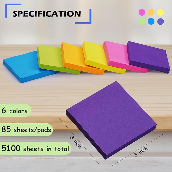Sticky Notes 3 x 3 in, 60 Pads, 85 Sheets/Pad, 6 Bright Colors, Self-Stick Notes, Easy to Post for Home, Office, School-DeskLoop Office