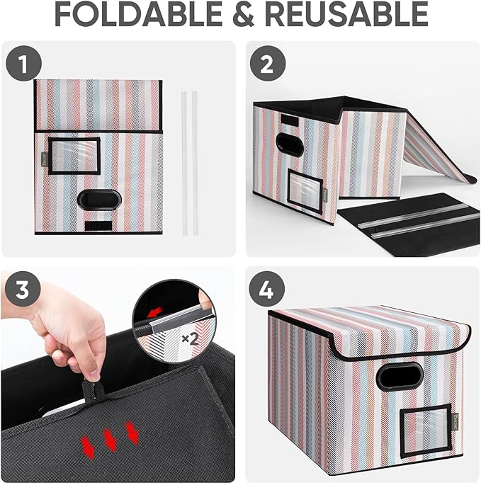 BALEINE File Organizer Box with Lid, Collapsible File Folder Organizer with Plastic Slide, Hanging File Folder Box for Office Document Storage (2 Pack, Color Stripe)-DeskLoop Office