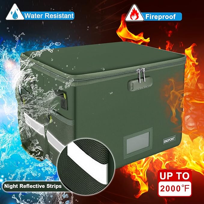 ENGPOW File Box with Lock, Fireproof Document Box with Pockets, Collapsible File Organizer Filing Storage Cabinet with Handle, Portable Home Office Safe for Hanging Letter/Legal Folders,Green,2 Pack-DeskLoop Office