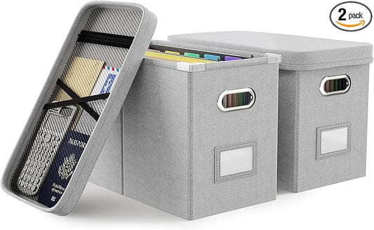 Oterri File Organizer Box with Lid, Hanging Filing File Box with Mesh Pocket, Document Organizer Box for Letter Files, Portable Storage Box with Smooth Sliding Rail for Office&Home (2 PCS, Light grey)-DeskLoop Office
