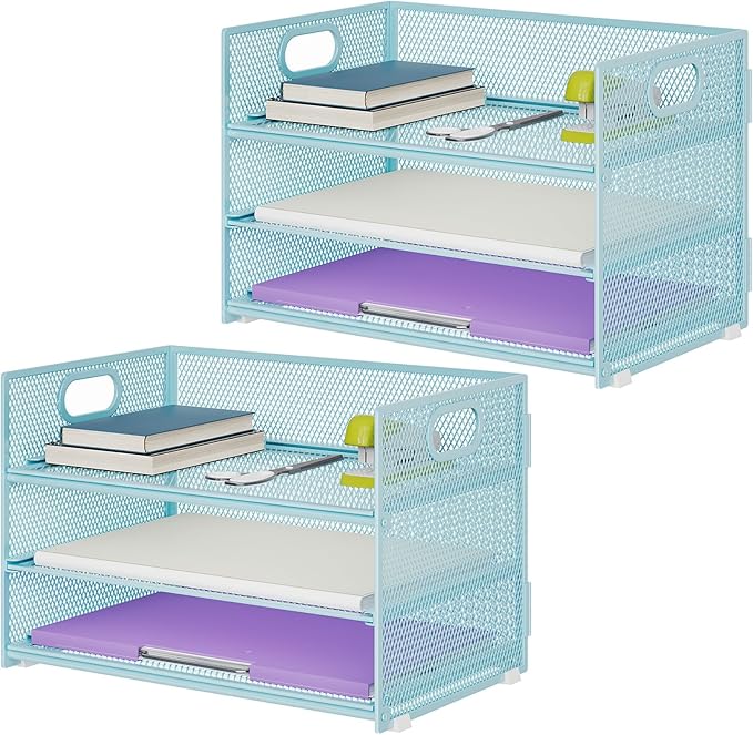 Marbrasse 3 Tier Paper Organizer Letter Tray, Mesh File Organizer with Handle, Paper Sorter Desk Organizer for Home Office Supplies - 2p Blue-DeskLoop Office
