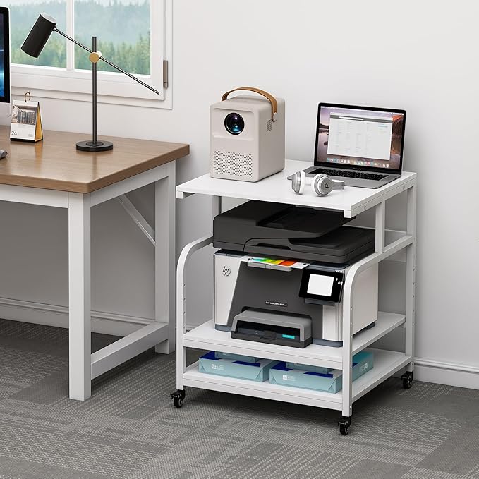 Printer Stand, 25.6" x 23.6" x 30.9" Extra Large Printer Table with Adjustable Storage Shelf, 3 Tier Rolling Printer Cart with Industrial Wheels for Home Office, White-DeskLoop Office
