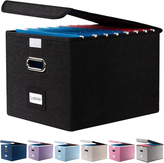 PRANDOM File Organizer Box - Set of 1 Collapsible Decorative Linen Filing Storage Hanging File Folders with Lids Office Cabinet Letter Size Black (15x12.2x10.75 inch)-DeskLoop Office