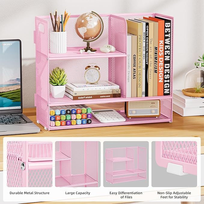 Marbrasse 3-Tier Desk Shelf Organizer with Handle, Desktop Bookshelf File Holder, Mesh Display Shelf Organizer Storage Rack for Office, Home, Supplies, Kitchen (Pink)-DeskLoop Office