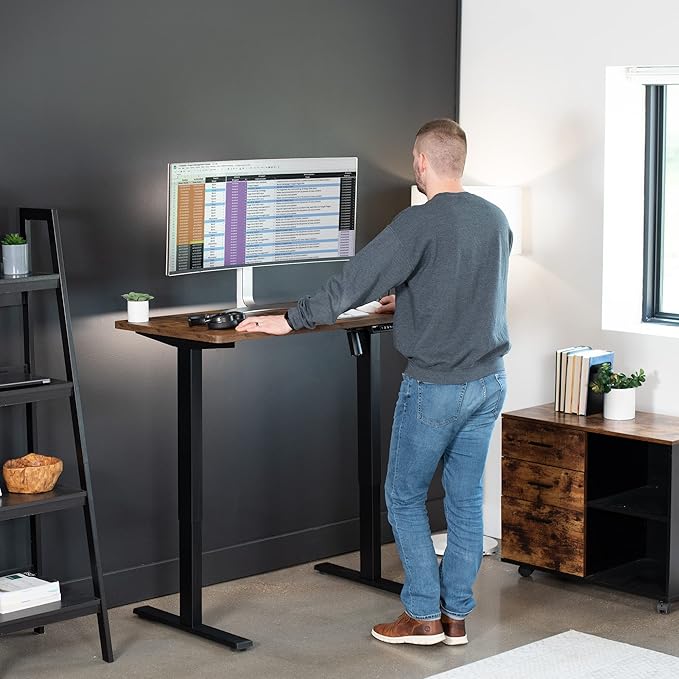 VIVO Electric 43 x 24 in Rustic Standing Desk, Memory Height Adjustment, 1B Series, One-Piece Vintage Brown Top, Black Frame, DESK-KIT-1B4N