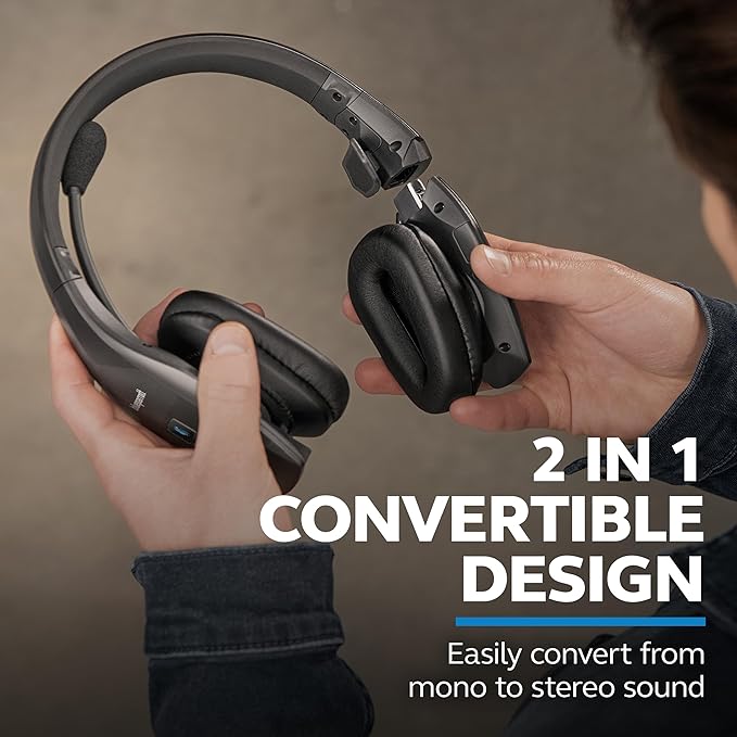BlueParrott S650-XT Bluetooth Wireless Headphones 96% Noise Canceling Over Head Trucker Headset with Mic, 2-in-1 Convertible Stereo to Mono with ANC, IP54-Rated Protection, 36 hrs. Talk Time, Black-DeskLoop Office