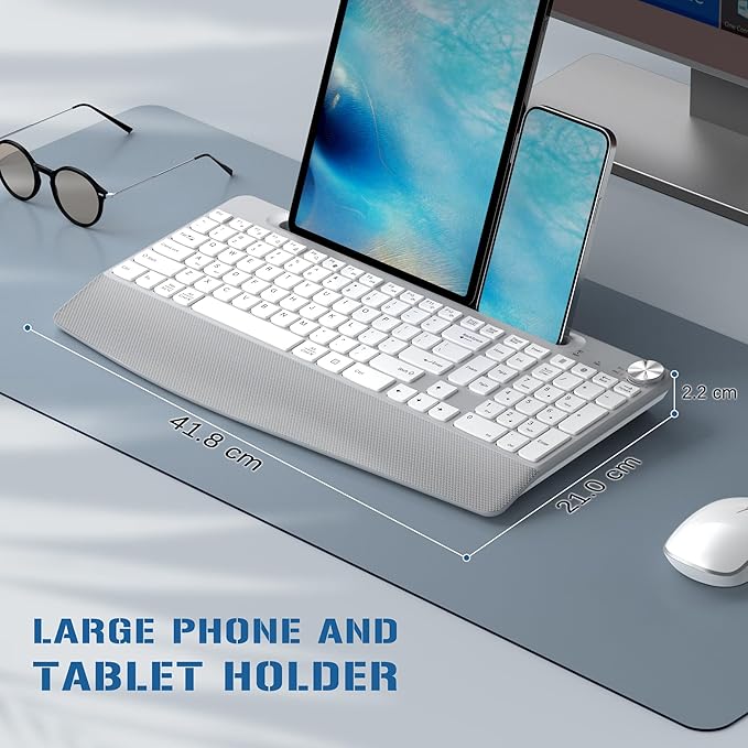 JOYACCESS Ergonomic Wireless Keyboard, 2.4GHz Cordless USB Full-Size Keyboard with Wrist Rest, Quiet Design & Numeric Keypad, Phone Holder for Desktop, Laptop, PC, Mac, Windows -Silver White