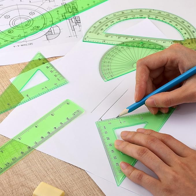 Zonon 1 Set Plastic Geometry Math Set Includes Drawing Compass, 6 Inch 4 Inch Protractor, 45/60 Degree Triangle Rulers 12 Inch 6 Inch Math Ruler Transparent for Office Supplies(Green)-DeskLoop Office