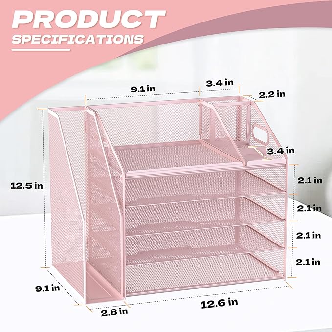 DocNest 5 Tier Paper Letter Tray File Organizer, Mesh Desk File with Handle, Workspace Desk Organizers with Pen Holder, Office Organization Storage Accessories - Pink-DeskLoop Office