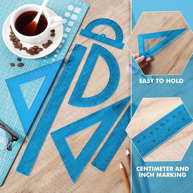 Tenare 6 Pcs Plastic Ruler Math Set Includes 12 Inch 6 Inch Straight Protractor Triangle Geometry Transparent Math Ruler Measuring Tools for School Office Home(Blue)-DeskLoop Office