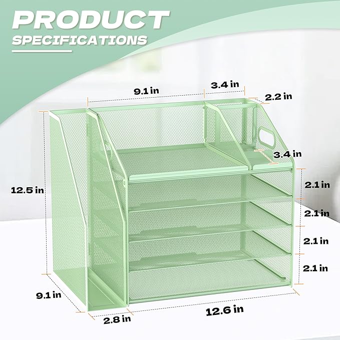 DocNest 5 Tier Paper Letter Tray File Organizer, Mesh Desk File with Handle, Workspace Desk Organizers with Pen Holder, Office Organization Storage Accessories - Green-DeskLoop Office