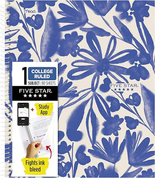 Five Star Spiral Notebook + Study App, 1 Subject, College Ruled Paper, 8-1/2" x 11", 80 Sheets, Fights Ink Bleed, Water Resistant Cover, Soft Petals Blue (820441F-ECM)-DeskLoop Office