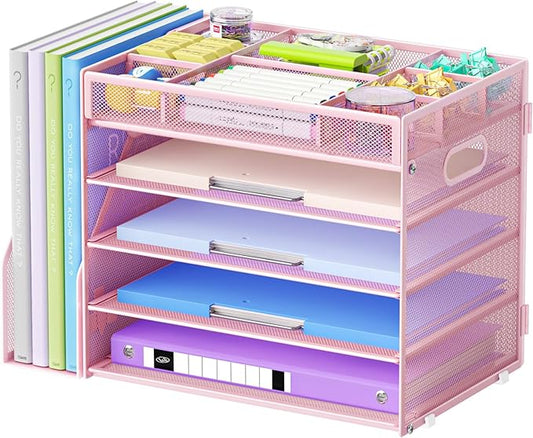 Marbrasse 5-Tier Desk Organizer with File Holder,Paper Letter Tray Organizer,Desktop File Organizer with Adjustable Compartments,Mesh Desk Organizers and Accessories for Office Supplies,Pink-DeskLoop Office