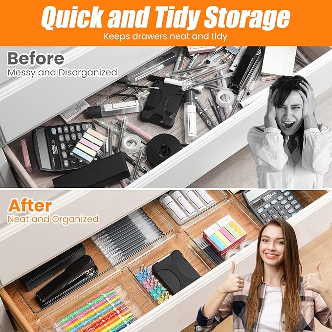 Criusia 22 Pcs Drawer Organizer Bins, Acrylic Non Slip Kitchen Drawer Organizers Storage Tray Divider, Multifunctional Storage for Cosmetics, Bathroom, Tools, Kitchen and Office-DeskLoop Office