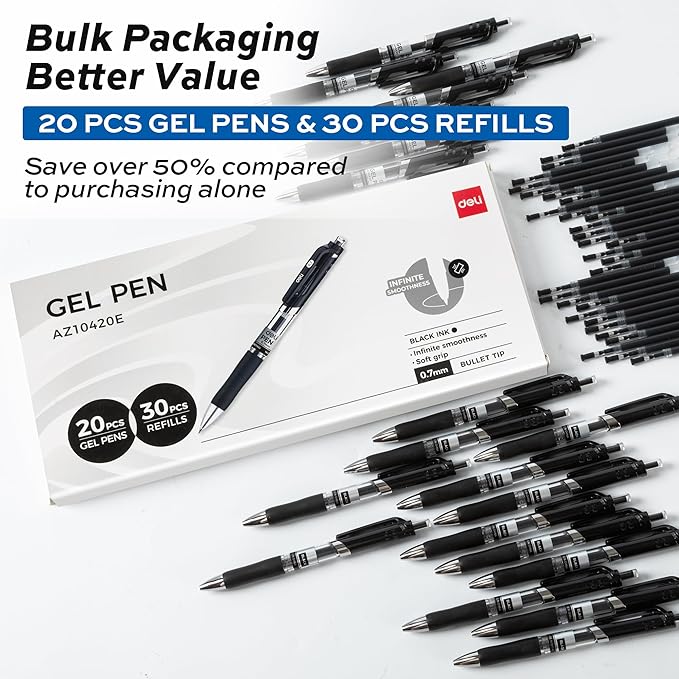 deli Gel Pens, 50 Pcs Retractable Pens Black Ink, 20 Pens with 30 Refills,Medium Point Pen Bulk 0.7mm, Smooth Writing, Fast Dry, No Bleed for Journaling Note Taking, Home School Office Supplies-DeskLoop Office