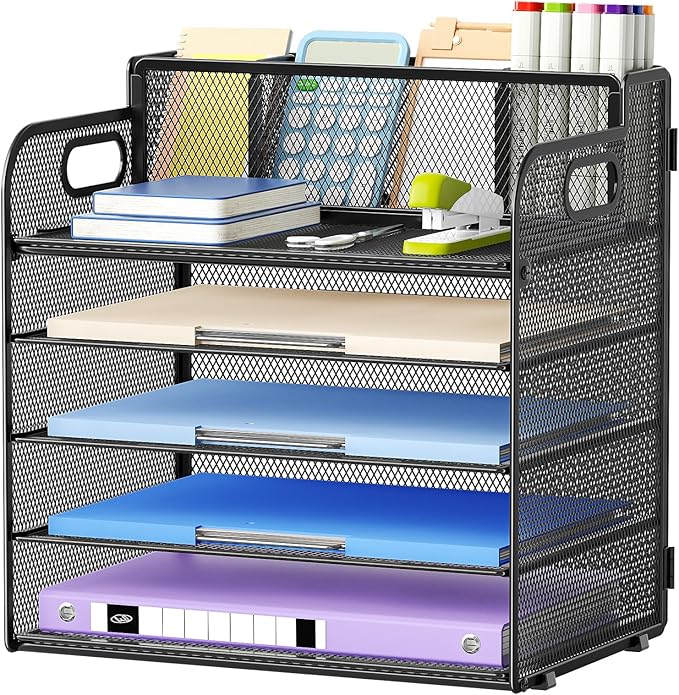 Marbrasse 5 Tier Paper Organizer with 3 Pen Holders, Mesh Desk File Organizer with Handle, Paper Sorter Desk Organizer for Home Office Supplies(Black)-DeskLoop Office