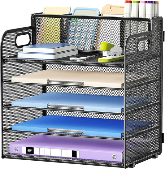 Marbrasse 5 Tier Paper Organizer with 3 Pen Holders, Mesh Desk File Organizer with Handle, Paper Sorter Desk Organizer for Home Office Supplies(Black)-DeskLoop Office