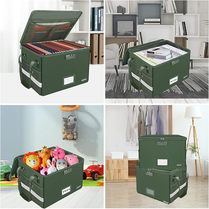 ENGPOW File Box with Lock, Fireproof Document Box with Pockets, Collapsible File Organizer Filing Storage Cabinet with Handle, Portable Home Office Safe for Hanging Letter/Legal Folders,Green,2 Pack-DeskLoop Office
