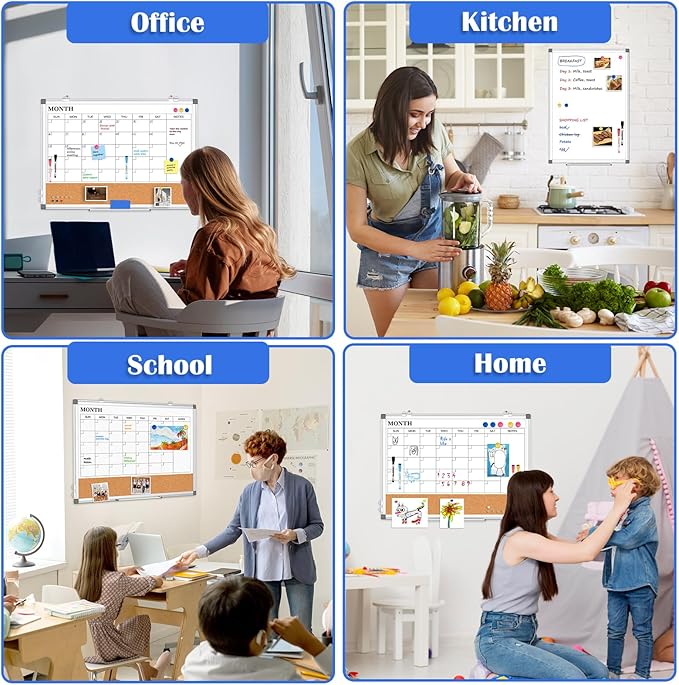 Monthly Calendar Whiteboard Dry Erase Cork Board Combo for Wall, 24" x 18" Double-Sided Calendar White Board and Bulletin Board, Portable Board for Office, Kitchen, School, Home-DeskLoop Office