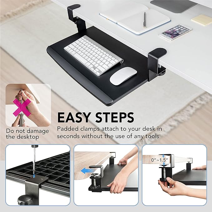 EHO Clamp-On Retractable Adjustable Keyboard Tray, Under Desk Ergonomic Keyboard Tray - Easy Tool-Free Install - Small Surface 20" (24.8" Including Clamps) x 11.5"-DeskLoop Office