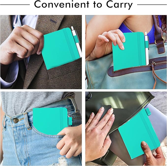 feela 6 Pack Pocket Small Notebooks Bulk, Mini Cute Memo Notepads Hardcover College Ruled Lined Journals with Pen Holder for Women Girls Office School, with 6 Black Pens, 3.5”x 5.5”, A6, Aqua-DeskLoop Office