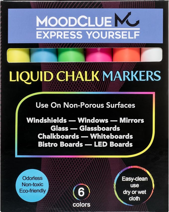 Liquid chalk markers washable, erasable, dry or wet erase. 6 neon markers for whiteboards, glass boards, mirrors, chalkboards, windows, car windshields, glass. Non-toxic, reverse tip pens-DeskLoop Office